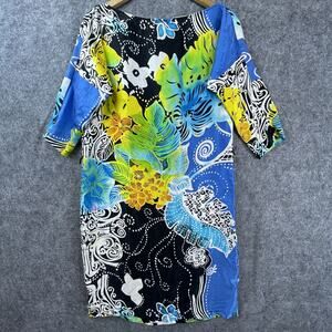 Cache Shift Dress Womens Medium Blue Floral Silk Tropical Hawaiian Maximist Art